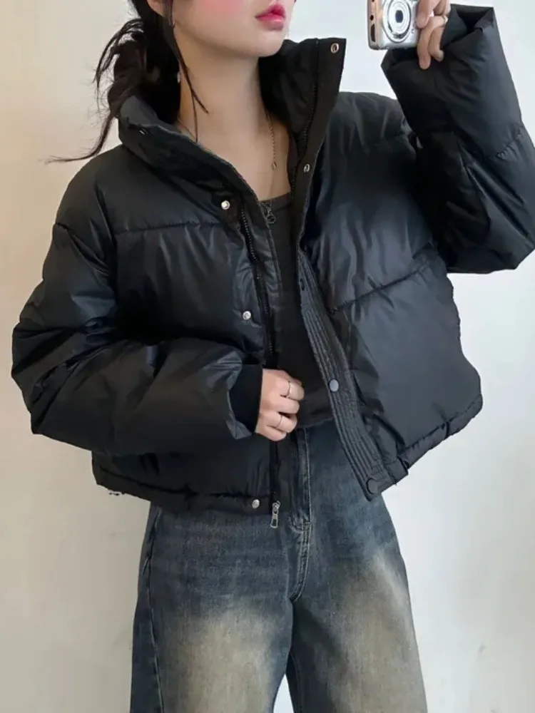 Chic Winter Women's Pure Color Zipper Stand Collar PU Protein Leather down Cotton Jaet ort Bread Sle Coat No Wa Required