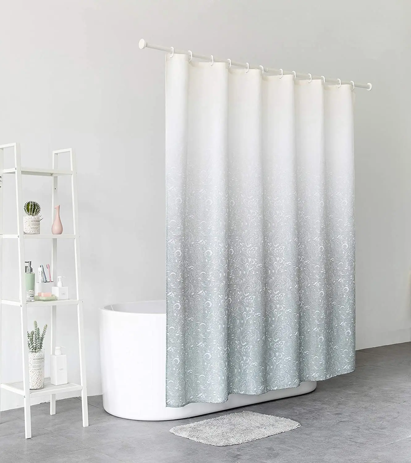 Shower curtain polyester machine washable with 12 hooks (Gradient light blue)