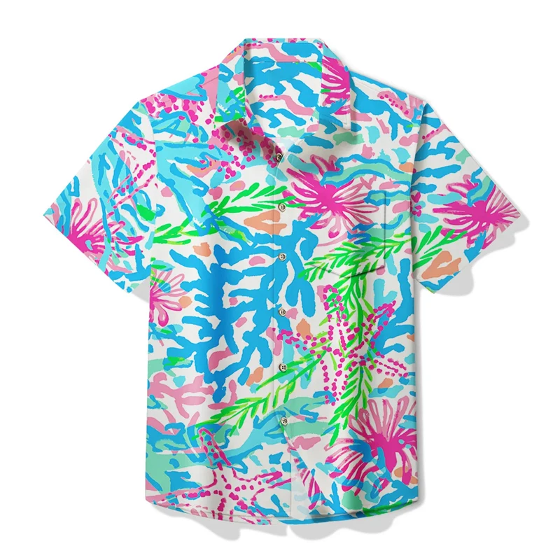 Camisa havaiana extragrande para homens e mulheres, camisas de praia, streetwear de manga curta, padrão coral, camisa unissex, verão, 2024