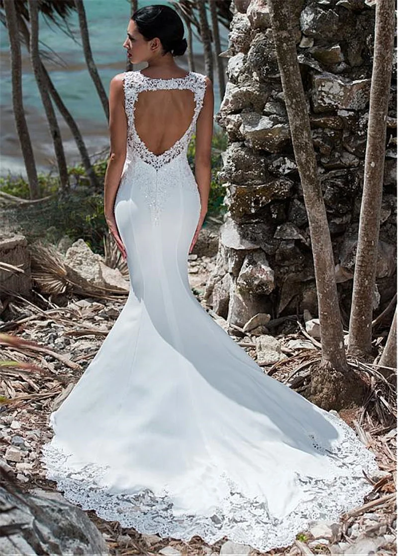 Vestido De novia De sirena sin mangas, traje Sexy con apliques De encaje, ilusión, Espalda descubierta, tren De barrido, fiesta