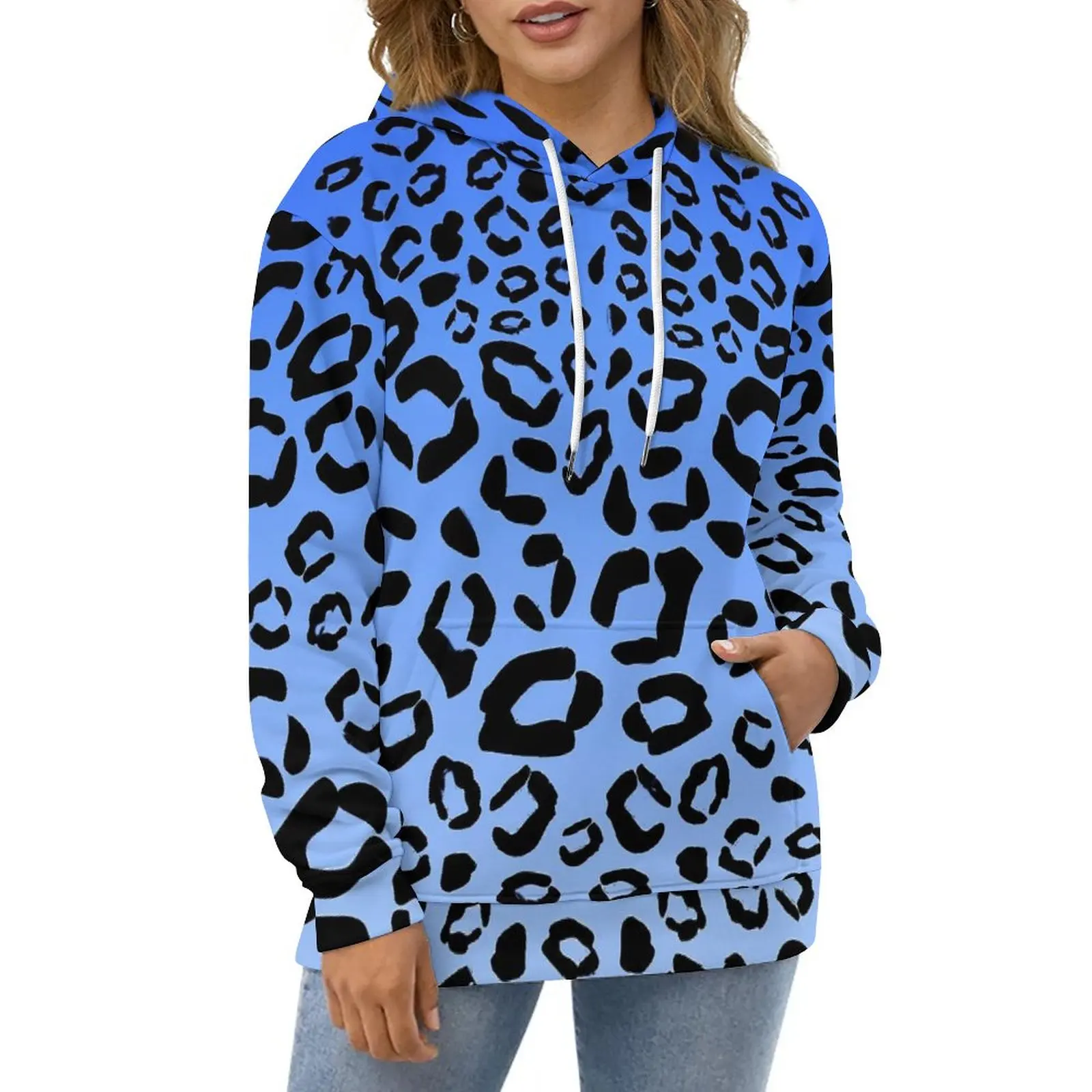 

Blue Ombre Hoodies Cheetah Print Harajuku Oversized Hoodie Unisex Long-Sleeve Elegant Graphic Casual Sweatshirts