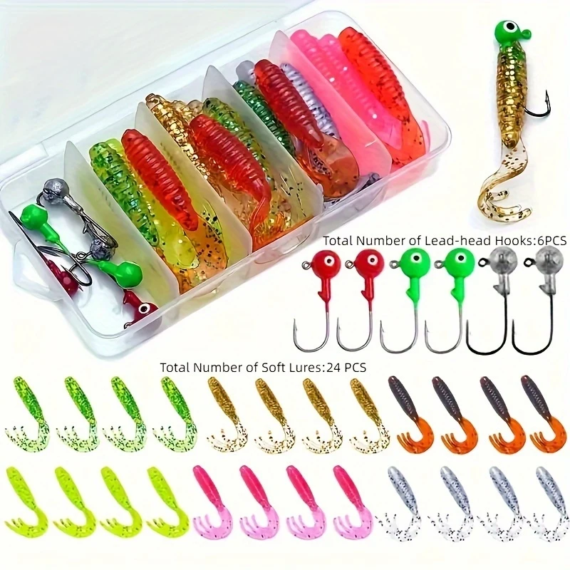 30pcs Vibrant Rolled Tail Soft Wobblers with Lead Hooks, Fishing Lures - Essential Fishing Accessories