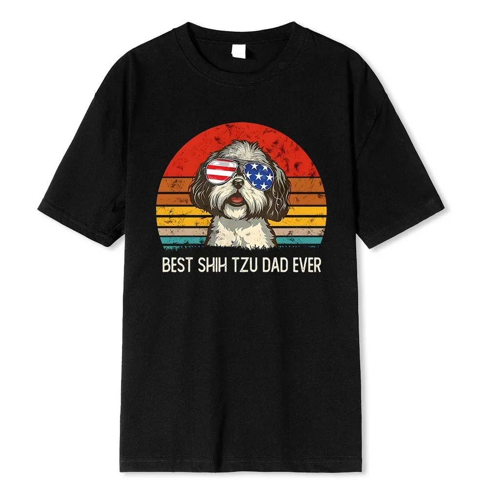 Best Shih Tzu Dad Ever Funny Printing Mens Cotton O-Neck T-Shirt Summer Loose Oversize Clothing Breathable Brand T-Shirts Man