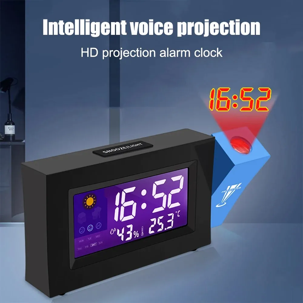 

E2 Projection Alarm Clock Indoor Display Temperature Time Date Table Led Wall Clock Voice Wake Up Projection Clock Home Decor