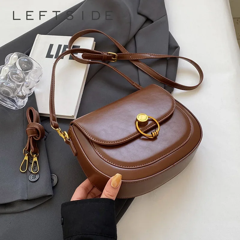 LEFTSIDE PU Leather Shoulder Bags For Women Female New 2023 Trend Winter Fashion Simple Saddle Bag Handbag Small Crossbody Bags