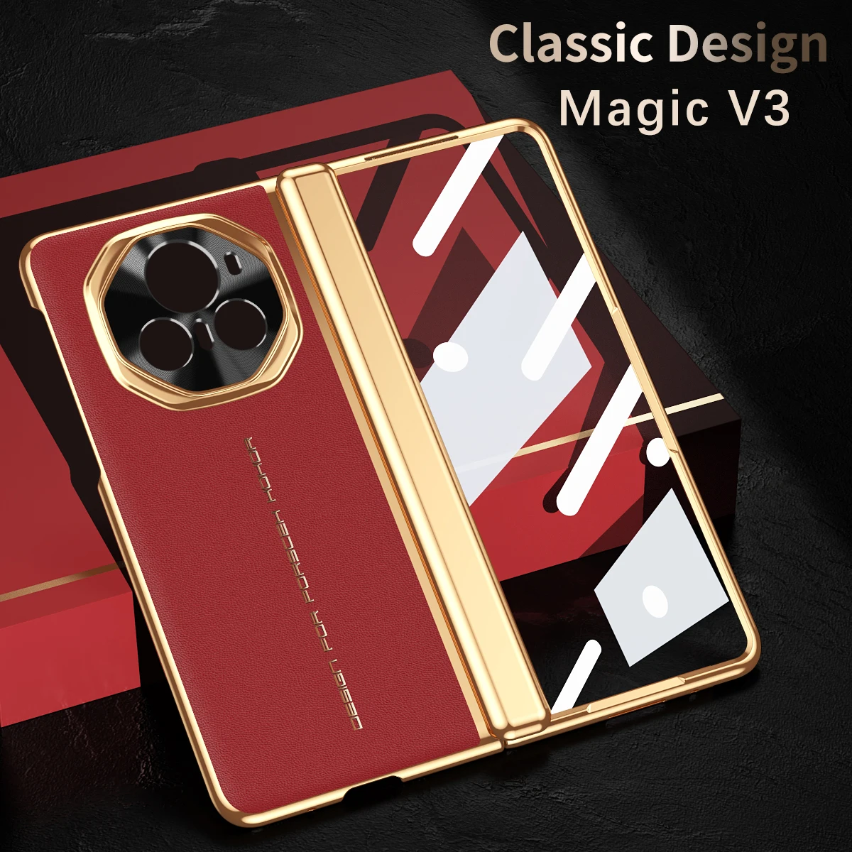 Luksusowe etui z ramką pokrytą skórą, zawiasami i hartowanym szkłem ochronnym do Honor Magic V6 V5 Magic V3, pełna ochrona. — zdjęcie produktu 3