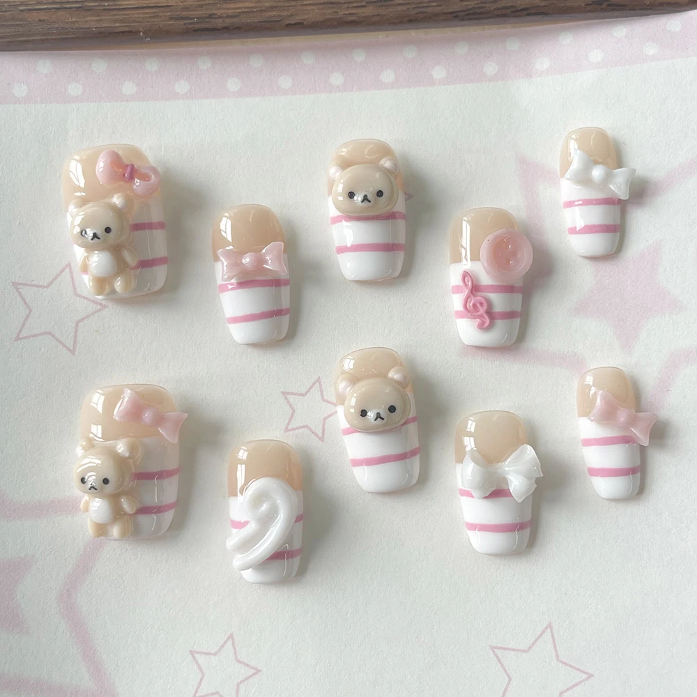 Cartoon 3D Bärenschwester mit Flügeln Press-On-Nägel Nude Farbe Rosa Weiße Streifen DIY Handgemachte Maniküre Party Nagelsticker – Detail 3