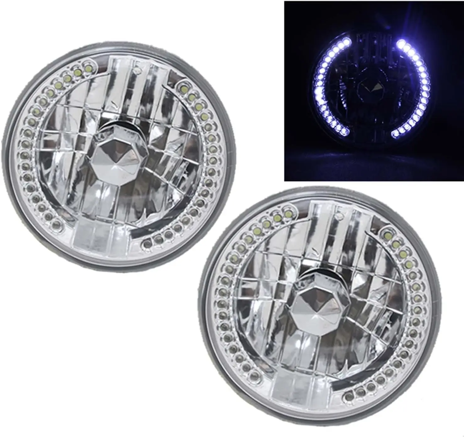 

Передние 7-дюймовые переходные фонари (стеклянные линзы Halo, белый светодиод), универсальный комплект для замены фар, пара круглых черных хромированных Housi