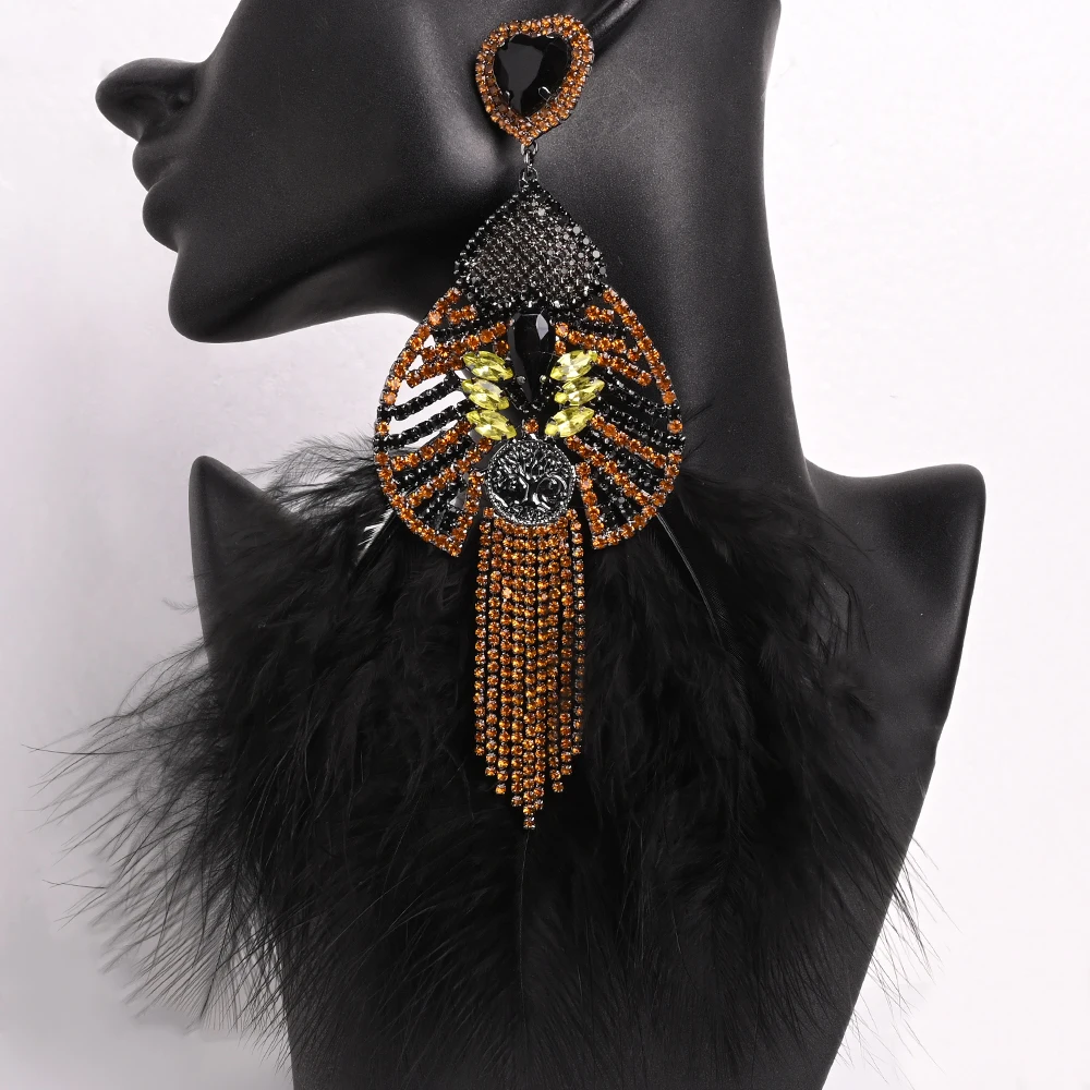 Exaggerated Black Feather Earrings for Drag Queen Statement Accessories Fashion Design Large Rhinestone Dangle Earrings Party
