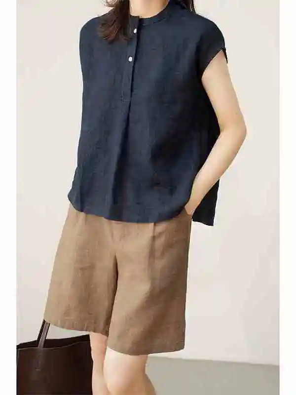 ゆったりとした綿麻のスウェットシャツ、女性用夏物薄手トップス、ボタンデザイン、無地、通勤、カジュアルなスウェットシャツ