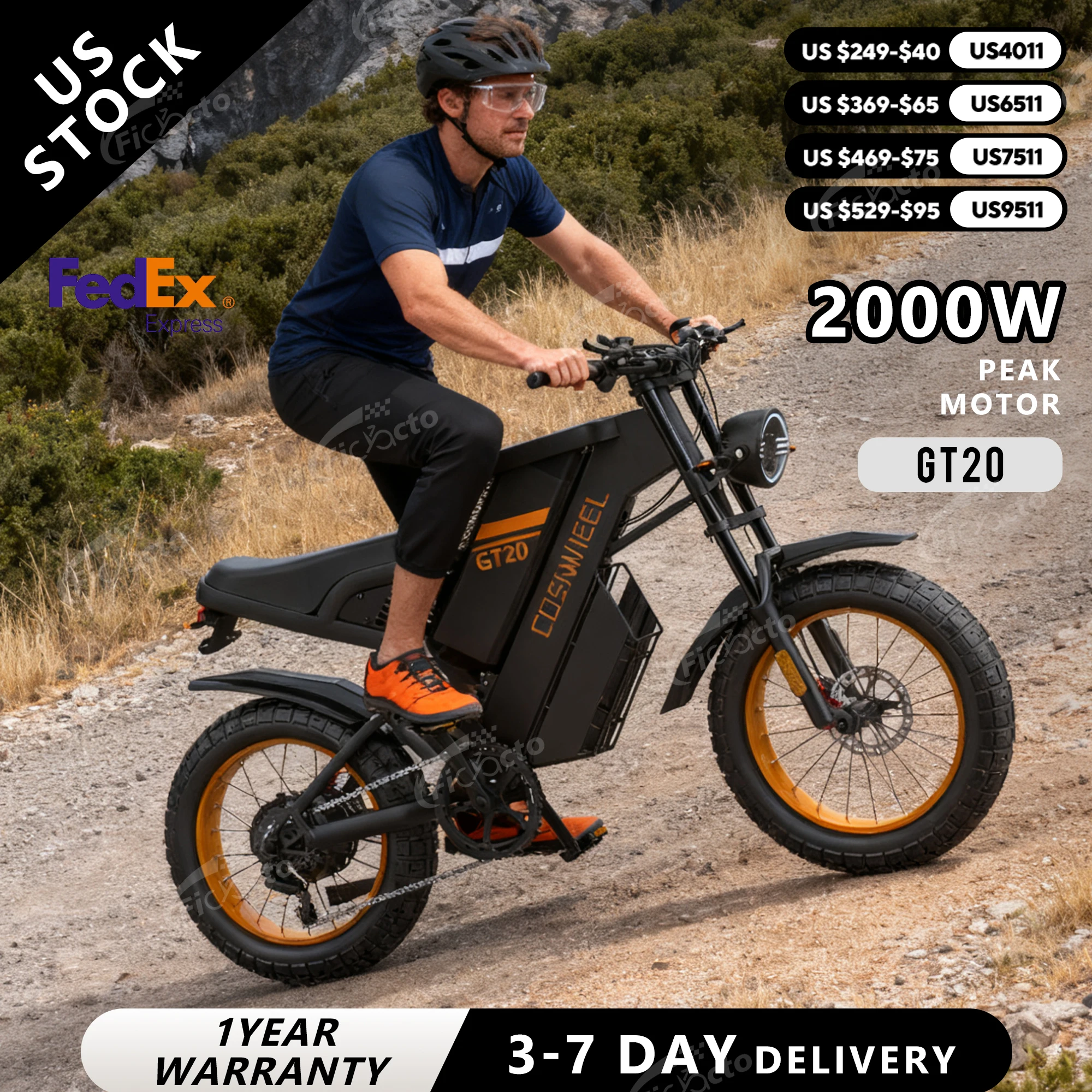 

COSWHEEL Electric Bicycle GT20 Electric bike 1500W PEAK 48V 25AH Battery 28MPH Adult Off-Road 20*4.0" Fat Tires Motorcycle Ebike