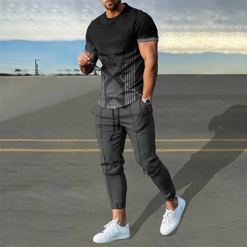 2024 Men's Sets Summer Short Sleeve T-Shirt Pants Suit Fashion 2 Piece Streetwear Print Sports Trousers Tracksuit Men's Clothing