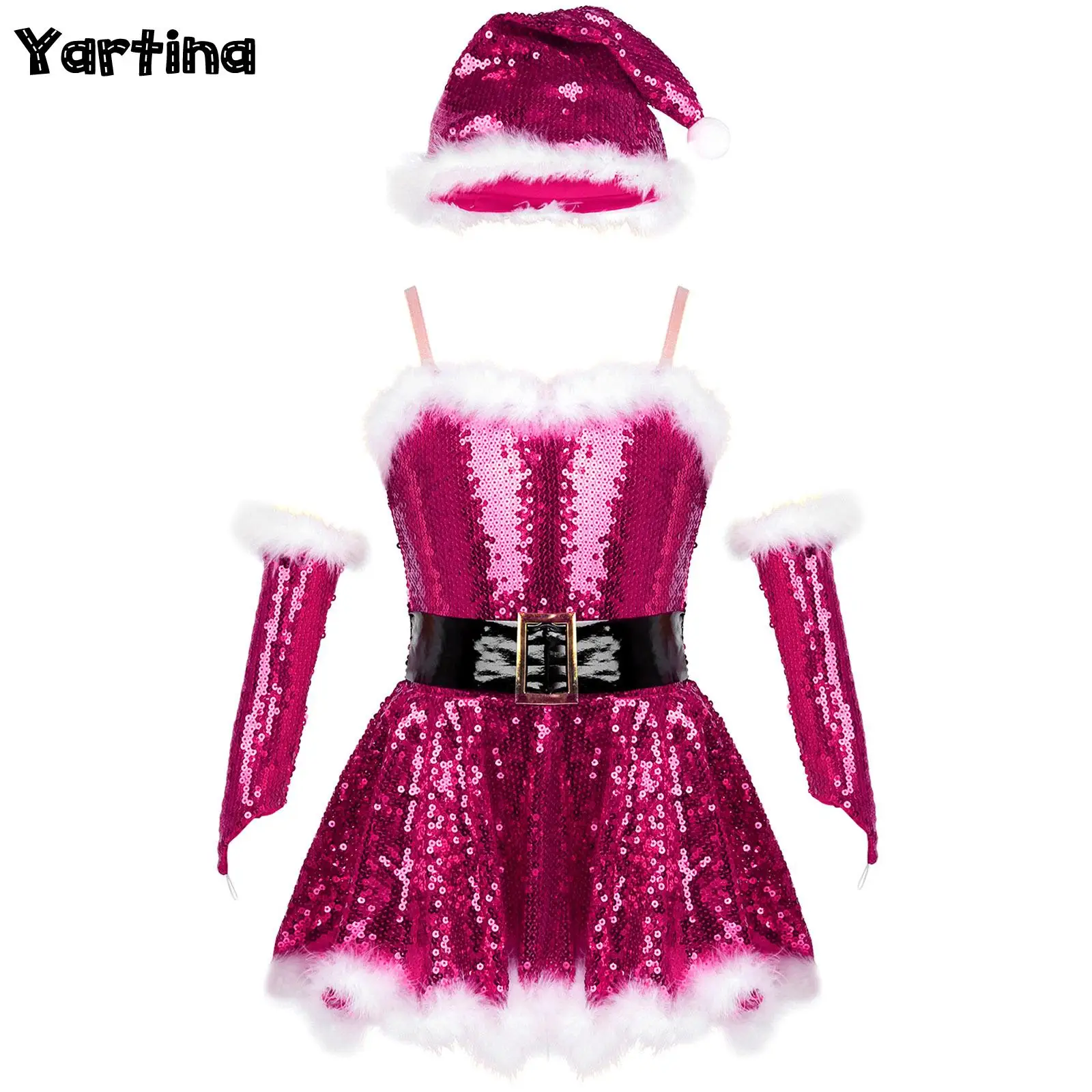 

Girls Xmas Elf Christmas Mrs Santa Claus Cosplay Costume Gymnastics Figure Ice Skating Ballet Tutu Dress with Hat Arm Sleeves