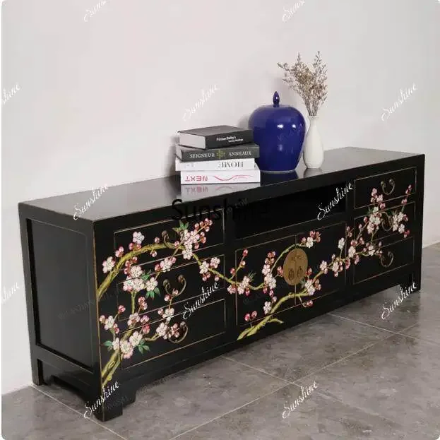 Small apartment painted black paint living room audio-visual cabinet