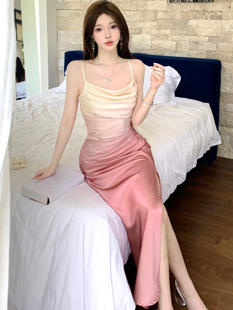 Verão gradiente rosa acetato cetim estilingue vestido longo feminino coreano vintage vestido de noite de luxo 2025 novo elegante bodycon vestidos