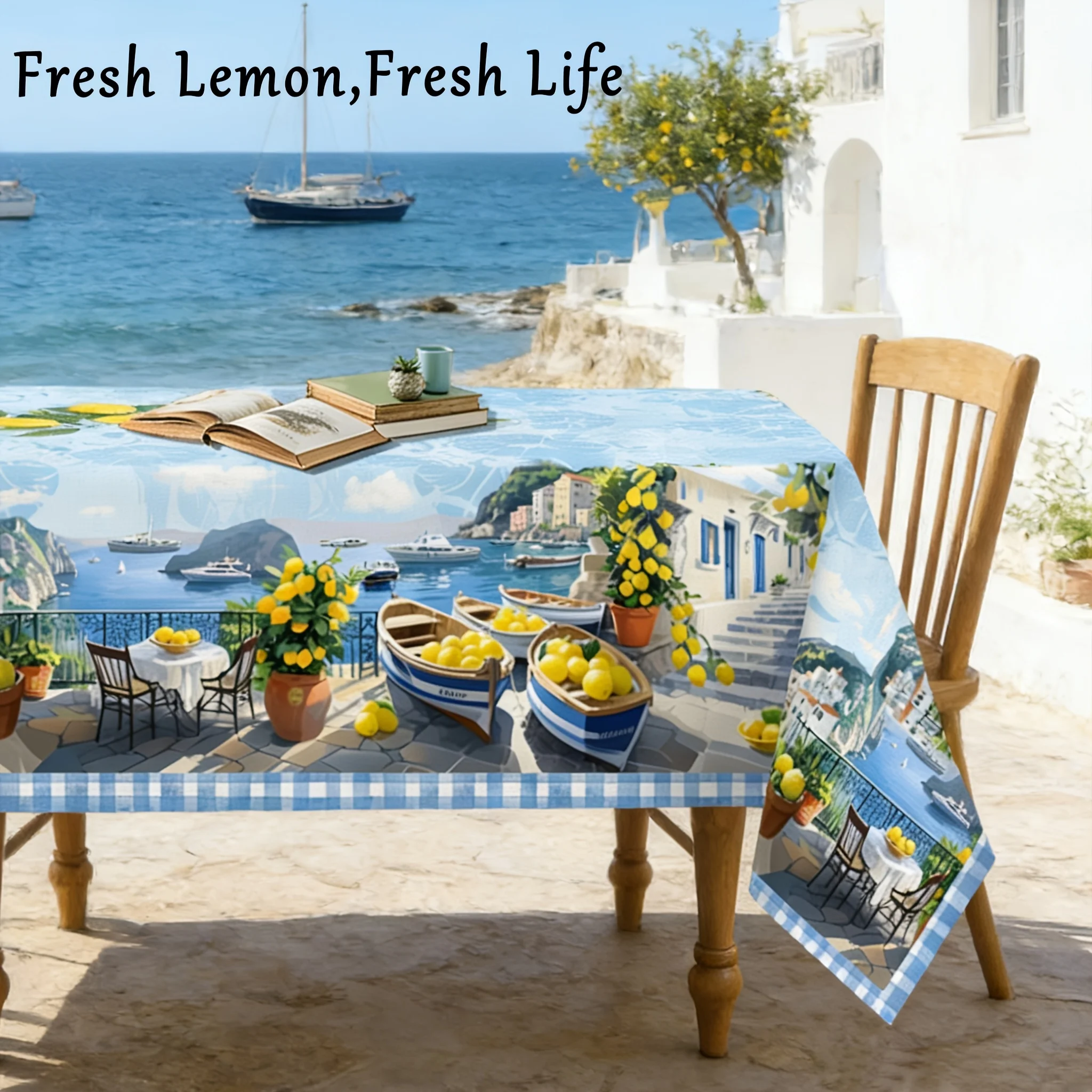 1pc Fresh Mediterranean Seaside Lemon Scenery Printed Tablecloth, Machine Washable Rectangle Table Cover, Decorative Table Mat f