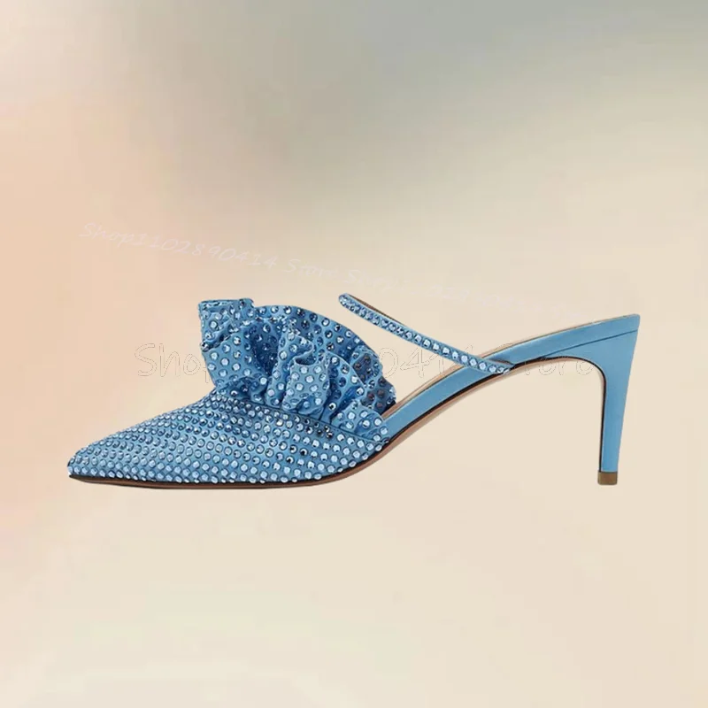 Rhinestone Decor Blue Falbala Design Pointed Toe Slippers Slip On Women Shoes Thin High Heels Fashion 2024 Zapatos Para Mujere