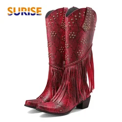 Western Women Knee High Boots for Cowgirl Red Snakeskin Block Heel Retro Fringe Rivet Warped Pointed Toe Cowboy Zipper Long Boot
