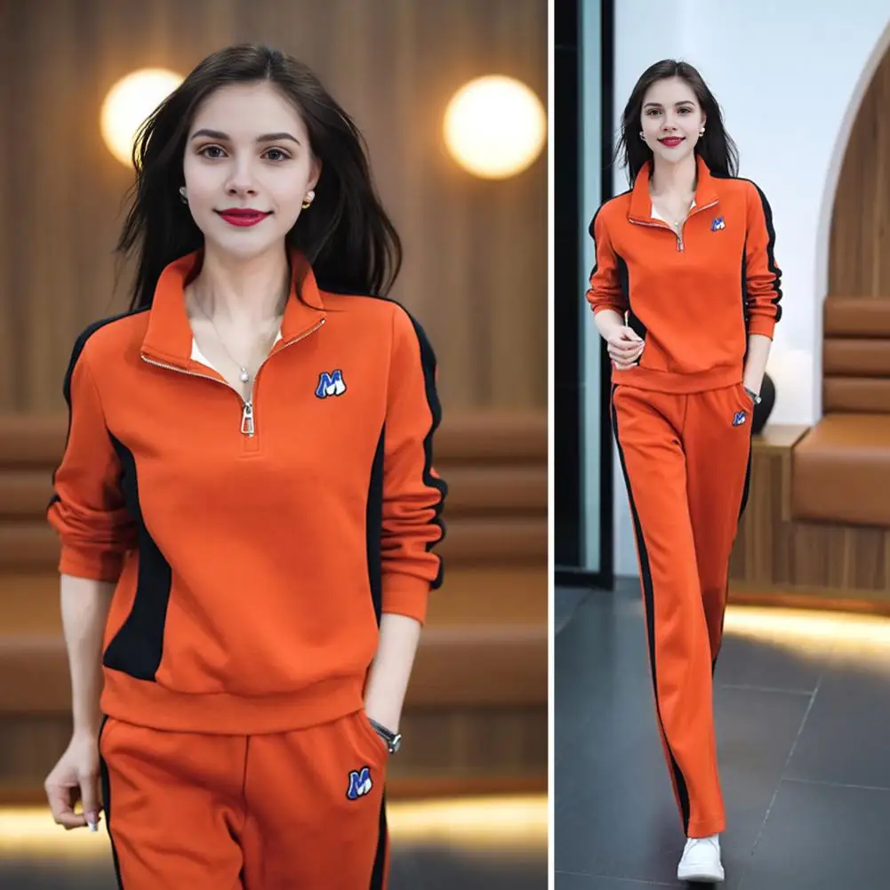 Two-piece Set Stylish Women's Sportswear Set Color Matching Zippered Stand Collar Sweatshirt Wide Leg Trousers for Casual Daily