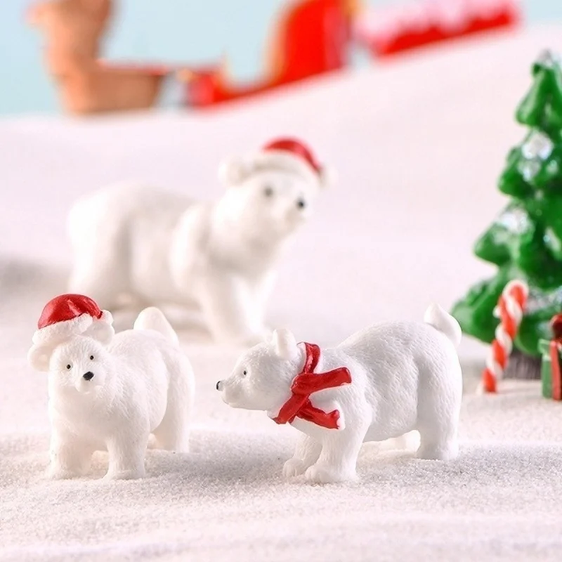 3Pcs Animal Polar Bear Miniature Figurines Christmas DIY Micro Snow Landscape Ornament Household Garden Handcraft Accessories