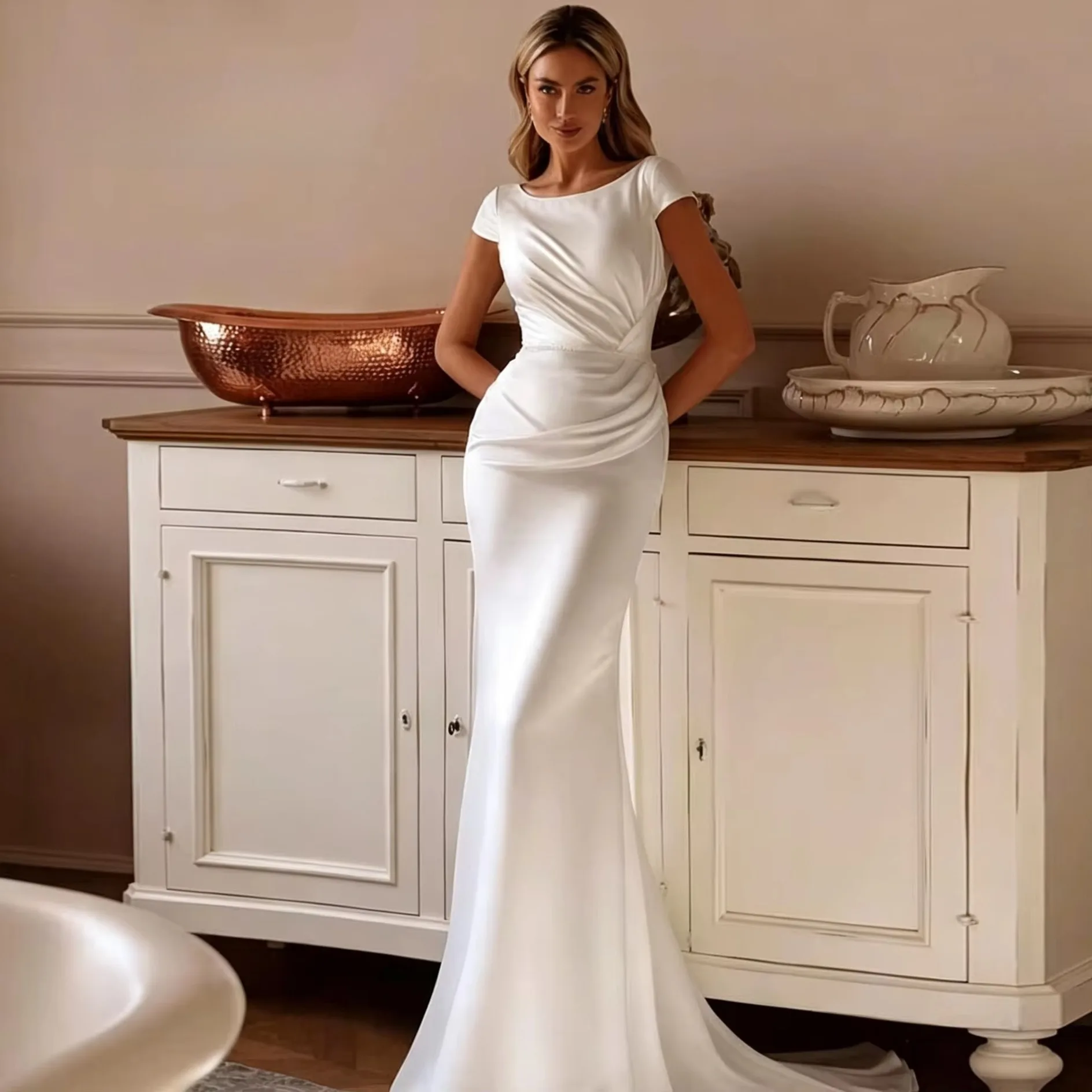 BIGDAY Satin Mermaid Wedding Dress Cap Sleeve Round Neck Backless Bridal Gown Ruched Fitted Skirt with Sweep Train Elegant Dress