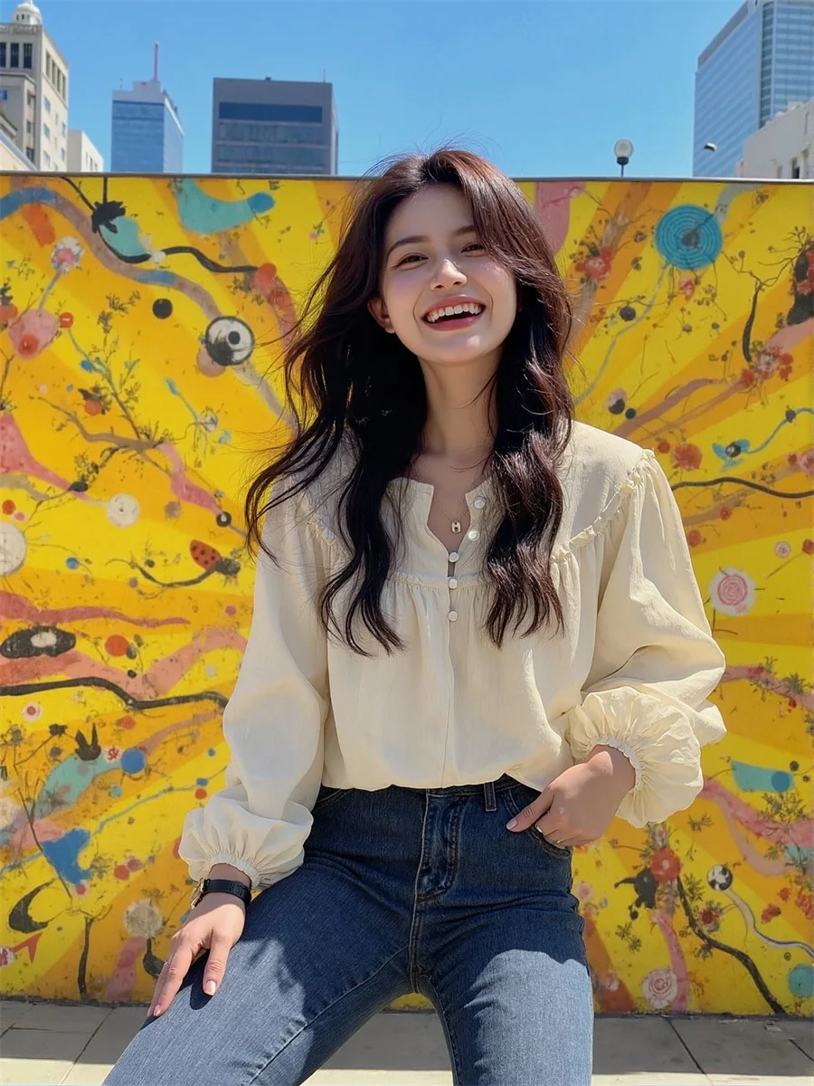 

Женская рубашка, однобортная, в корейском стиле, Ulzzang, модная, в консервативном стиле, для колледжа, милая, милая, в стиле каваи, простая, базовая, на пуговицах спереди, женская