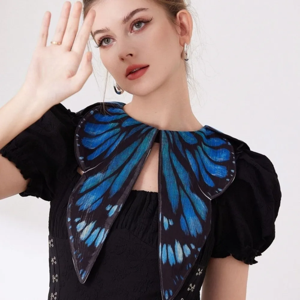Butterfly Wing Design Fake Collar Shawl Blue Color Lightweight Fabric Cosplay Costume Collar Removable Collar Photo Shoot Prop