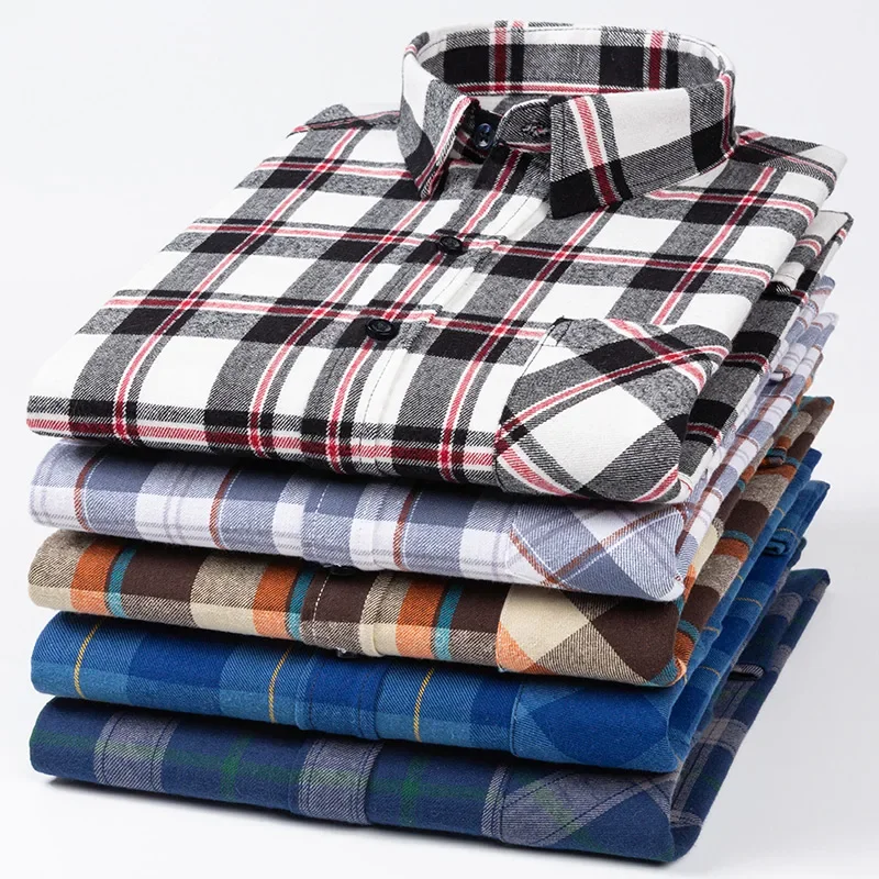 

plus size 6XL 100%cotton brushed long-sleeve shirts for men slim fit casual plain shirt soft plaid striped tops designer clothes