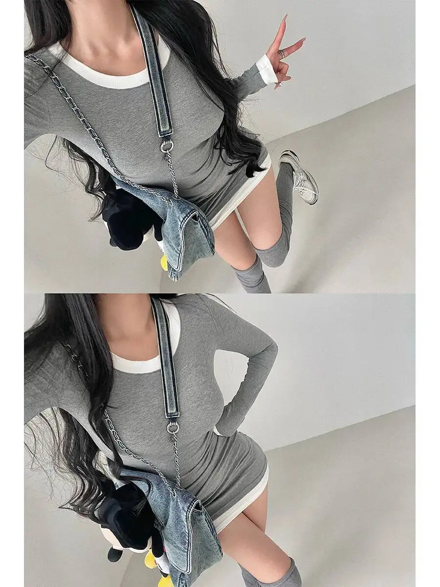 الرغبة النقية مثير ضيق نحيل الجولة الرقبة قاعدة فستان بكم طويل فستان قصير قصير أنيق الخريف موضة الكورية النساء بلايز 4J8Q