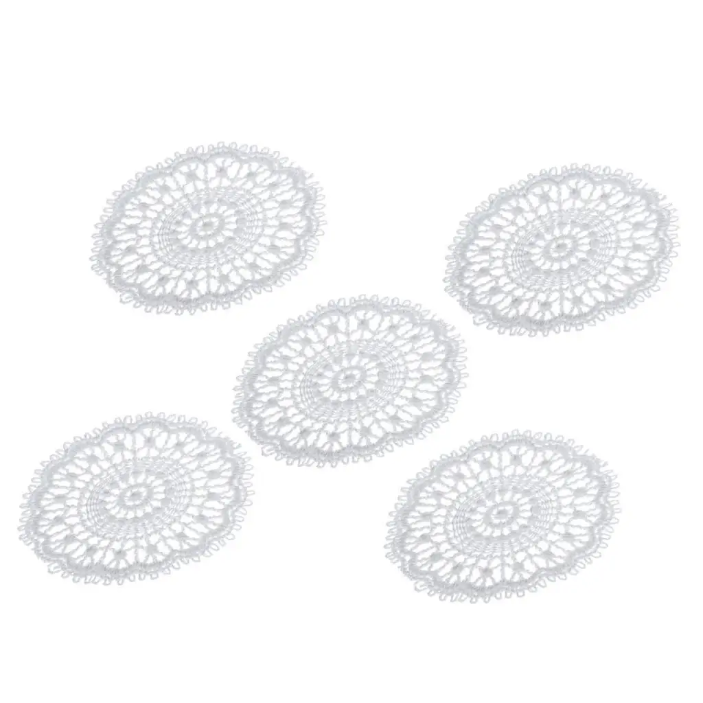 Small Round Lace Placemat para Dollhouse, Mesa Doilies, Acessório Mesa, 5Pcs