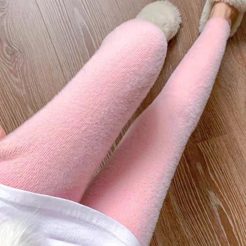 Rosa imitação de vison veludo calças femininas cintura alta elástica pelúcia casual calças térmicas fino ajuste mais veludo quente leggings