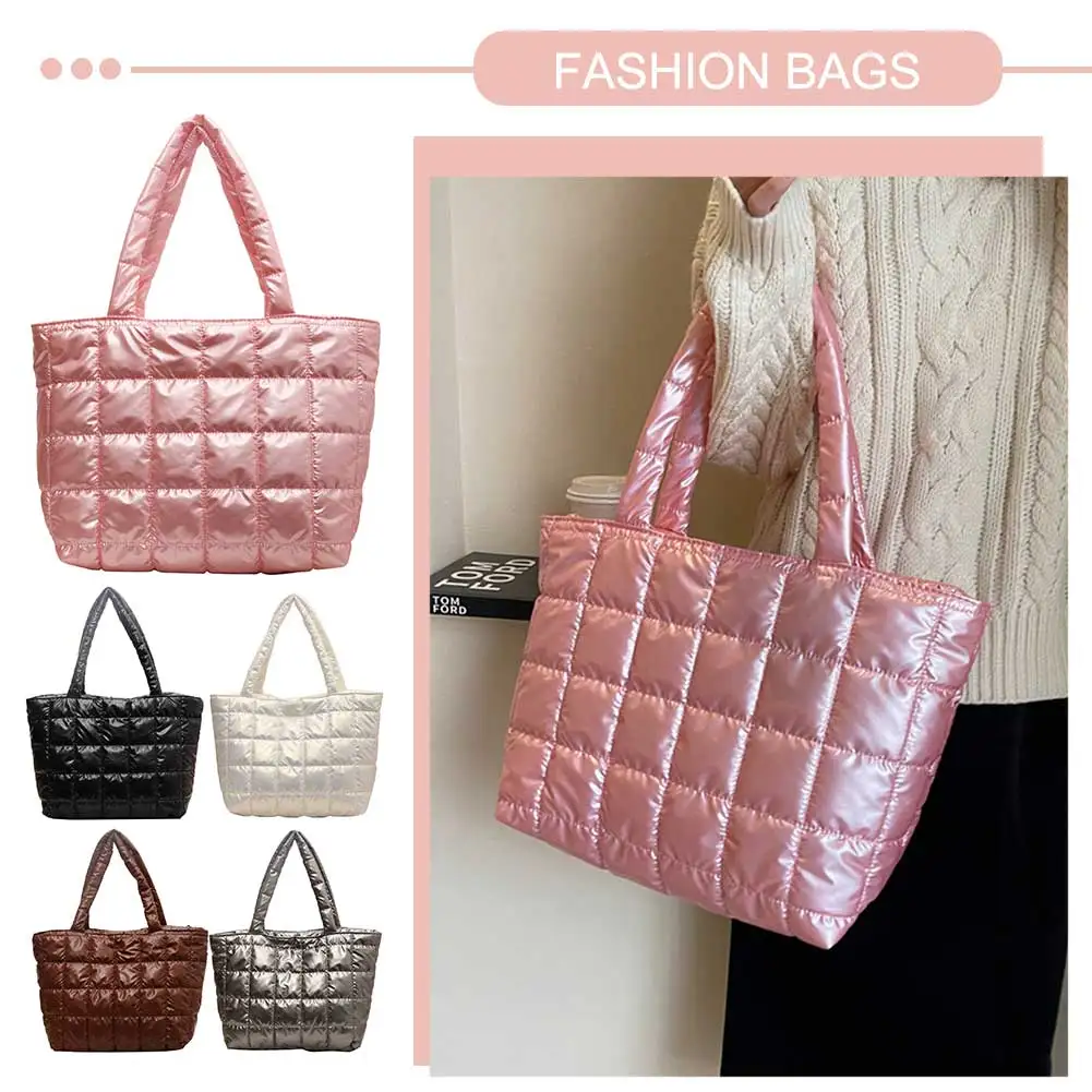 

Plain Check Bag Women Girls Quilted Handbags Large Capacity Zipper Closure Cloud Bubble Bag Gloss Surface for Shopping Traveling