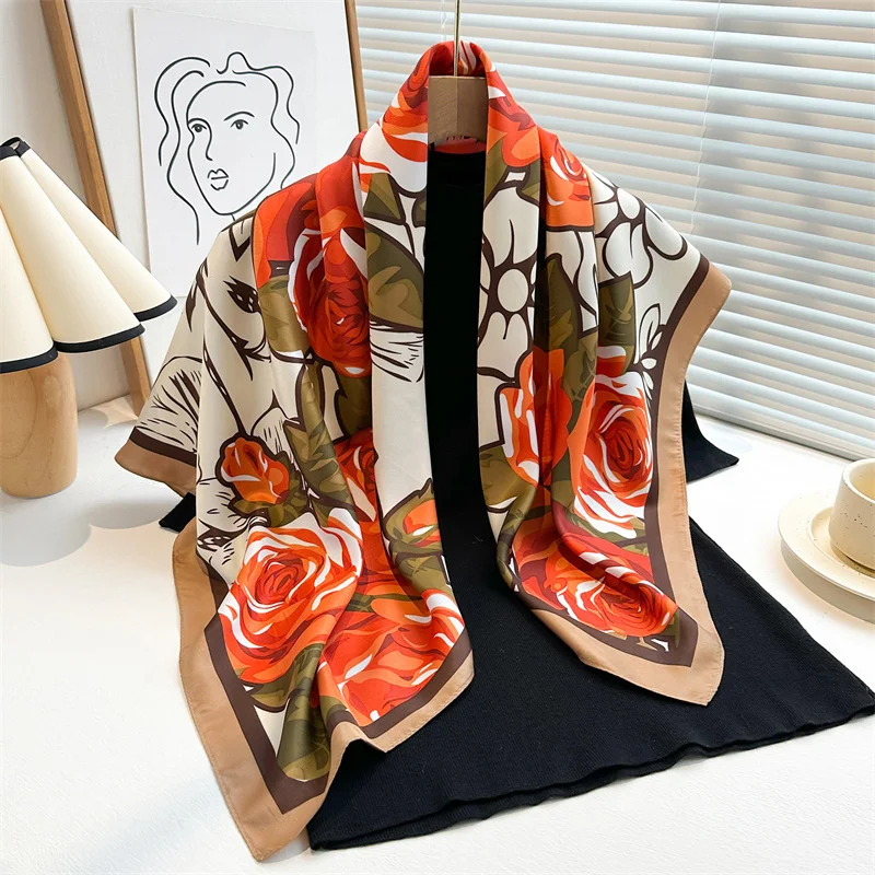 New Rose Printed Designer Large Square Scarf Spring and Autumn Warm Floral Scarf Twill Silk Head Scarf Women 90cm Shawl Luxury