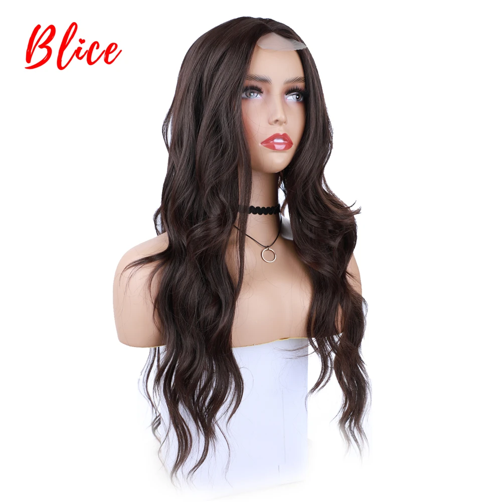 Blice Long Curly Synthetic Hair Daily Wigs Skin Head Topper For African American Women Wavy 20Inch With Lace Babyhair Brown