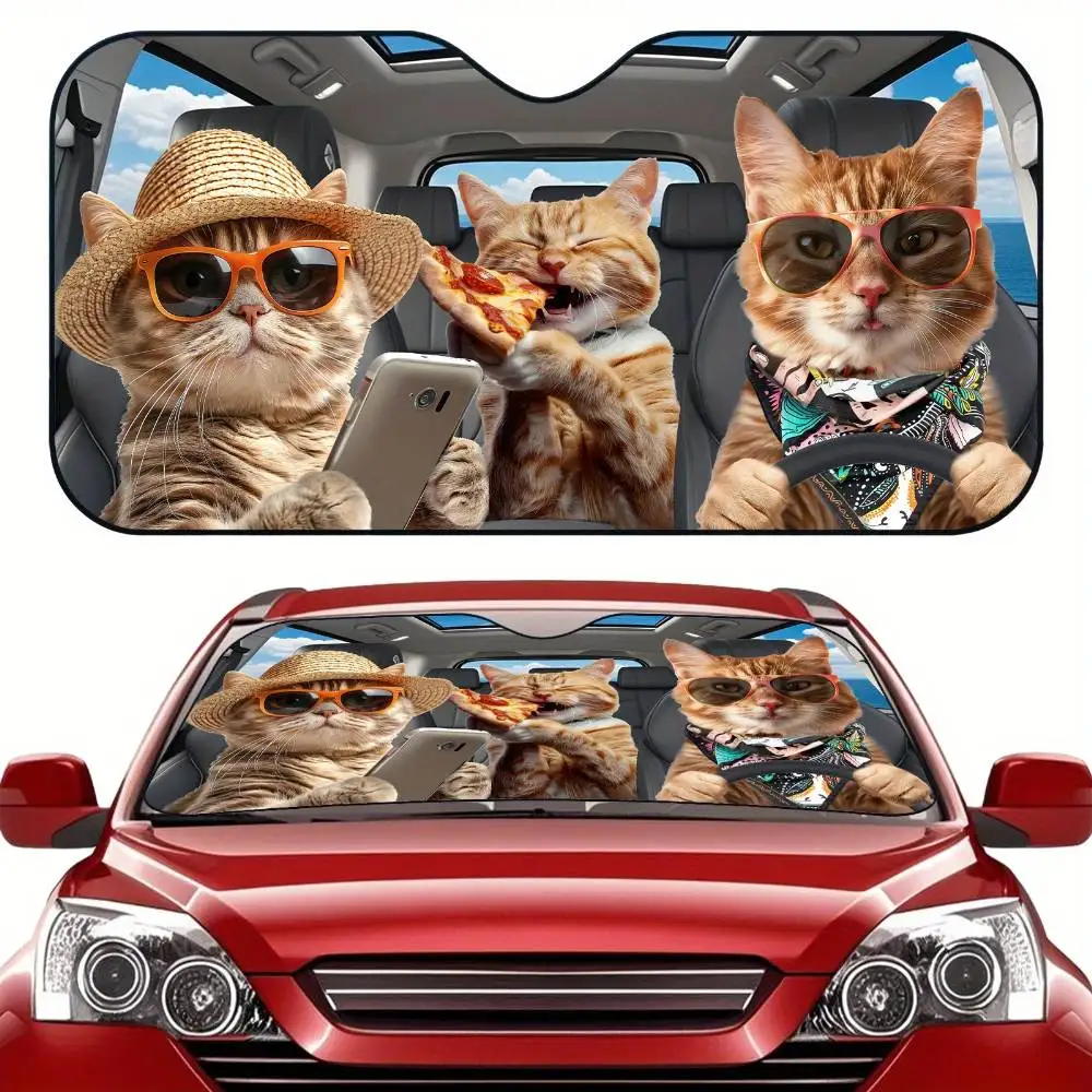 Cat With Sunglasses Cap Car Windshield Sunshade Foldable Holiday Theme Heat Dissipation Durable Summer Sun Visor