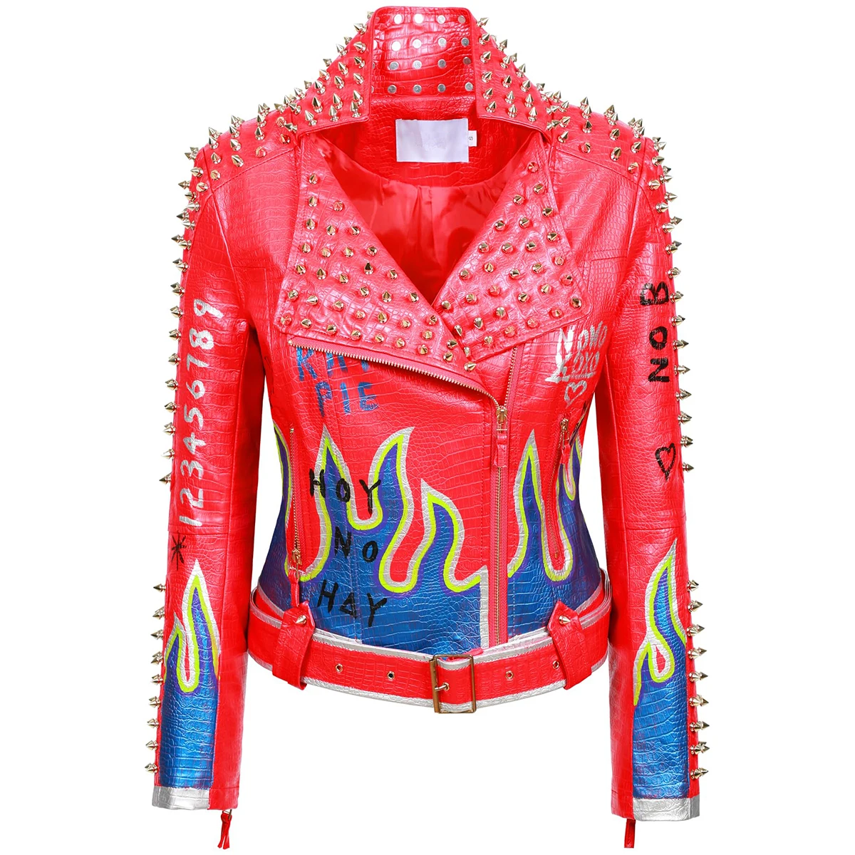 New Women\'s Pu Leather Jacket Hand-painted Pattern Fashion Studs Perfect Shaping Bicycle Motorcycle Zipper Coat