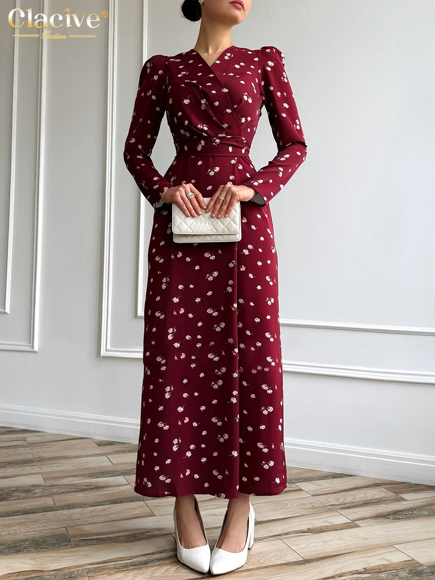 

Clacive Fashion Loose Print Women's Dress 2026 Spring V-Neck Long Sleeve Ankle Length Dresses Lady Elegant High Waist Female Dre