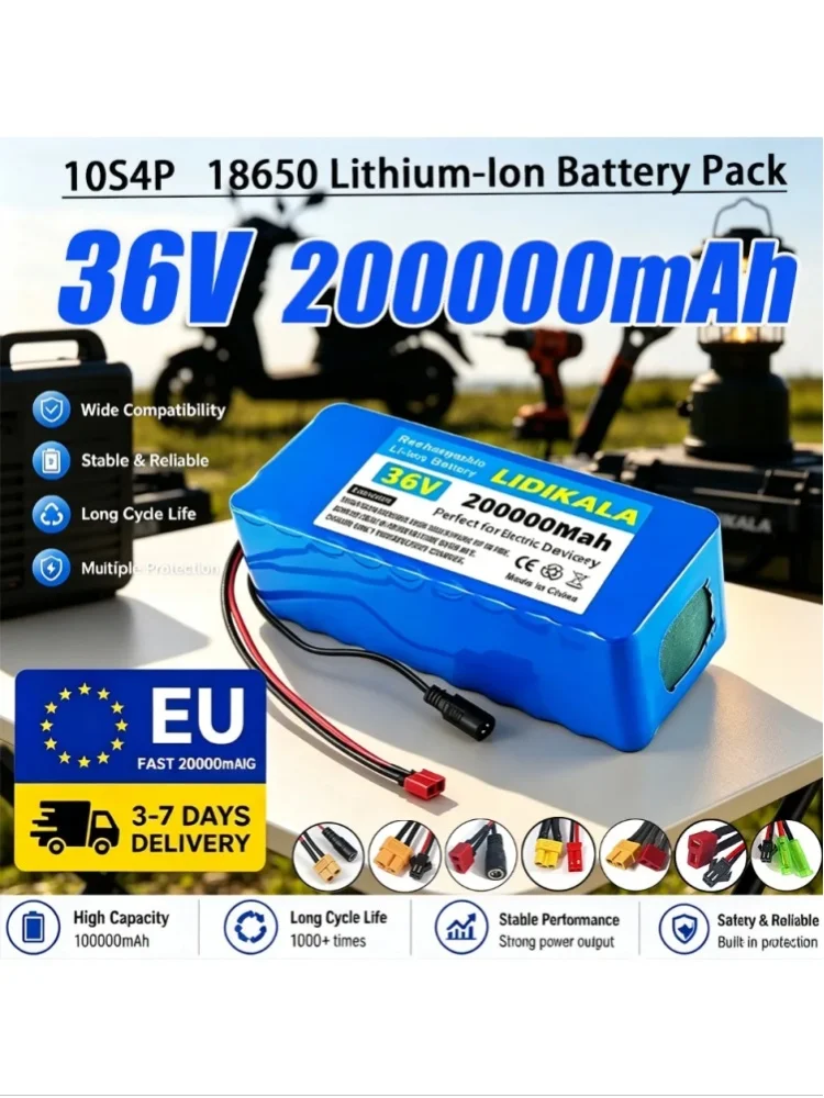 Brandneuer 18650 Lithium-Ionen-Akku, 36V, 10S4P, 200.000 mAh wiederaufladbarer Akkupack, mit integrierter BMS-Schutzplatine und 42V-2A-Ladegerät, geeignet für Elektrofahrzeuge, Elektroroller,