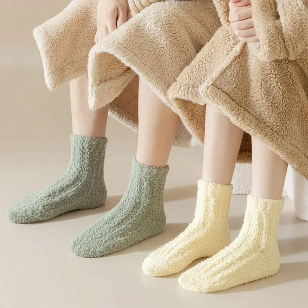 

4Pairs Cute Thickened Coral Fleece Socks Winter Simple Floor Plush Socks Hosiery Sleeping Mid Tube Socks Women Winter