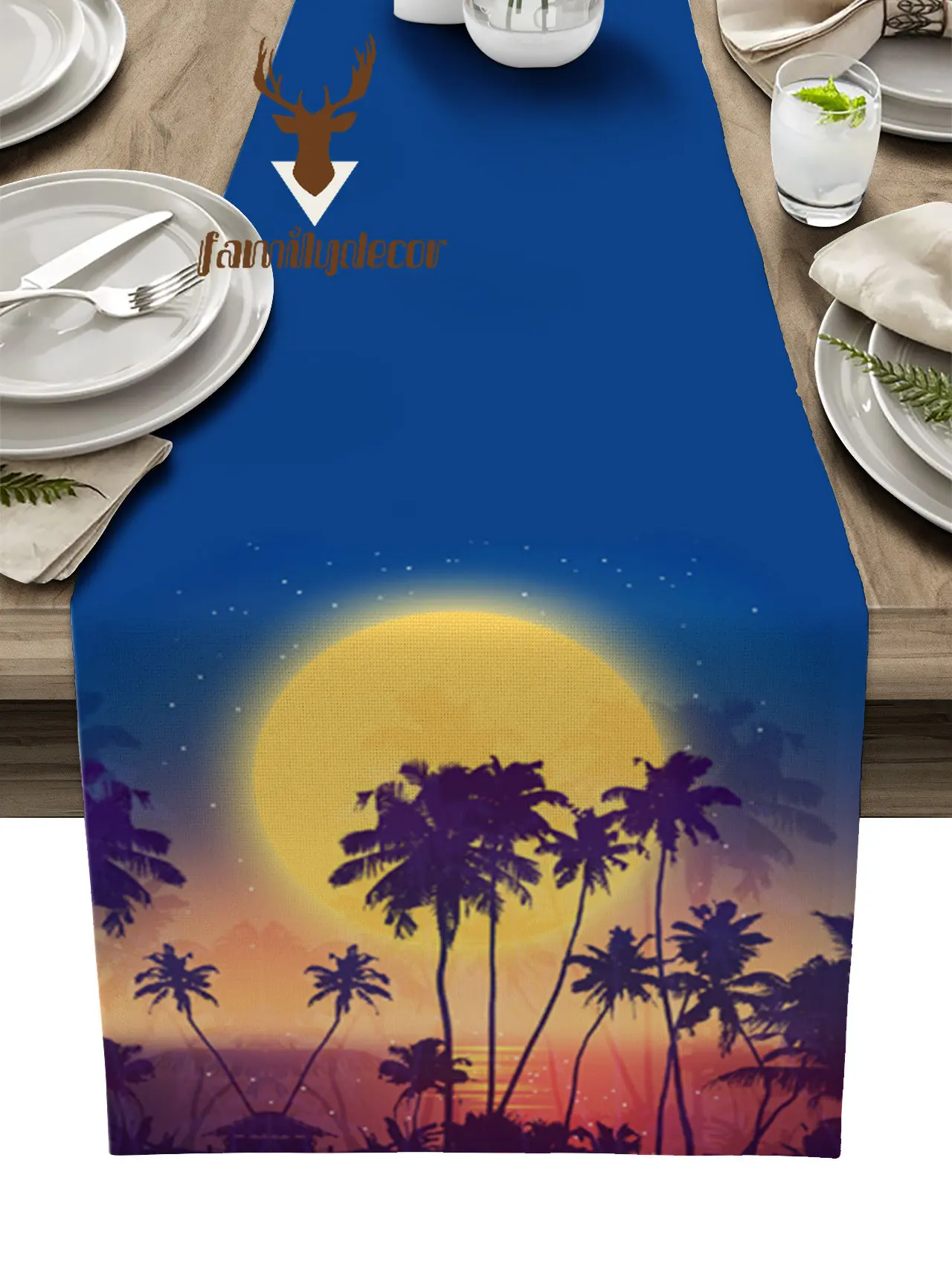 Moon Starry Sky Sea Sunset Meadow Table Runner Wedding Party Decoration Kitchen Tablecloth Placemats Christmas Centerpiece