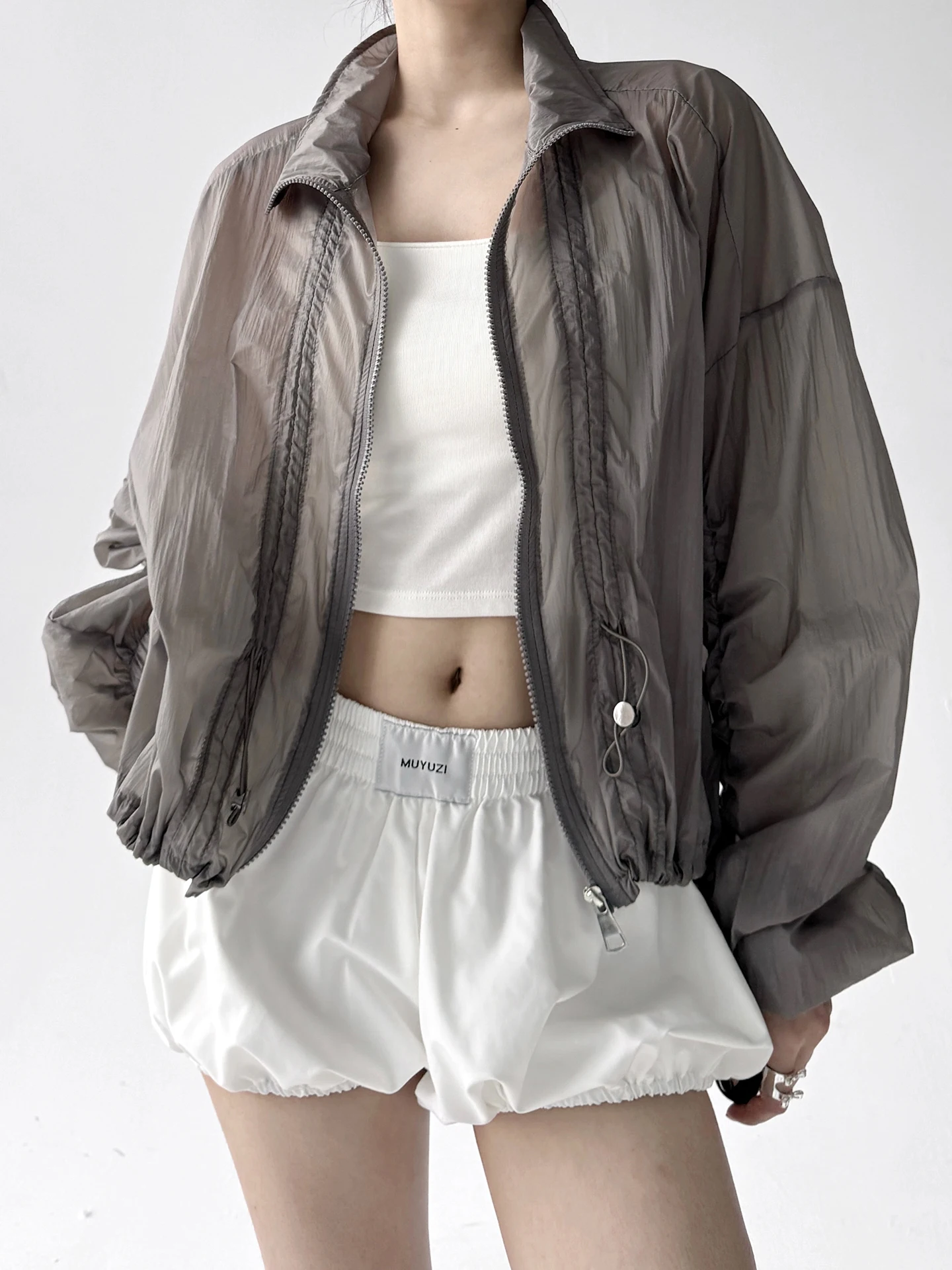 Chaqueta Corta de Verano para Mujer, con Cuello Alto, Cierre de Cremallera y Cordón Ajustable, Protección Solar, Estilo Moderno