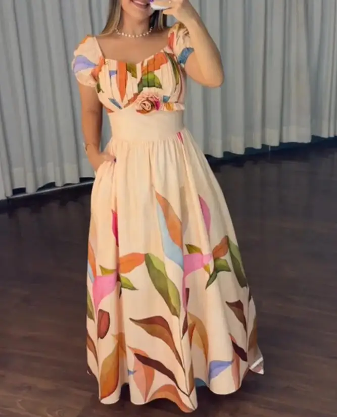 

Ladies' Princess Dress Elegant Retro Trendy Printed Bubble Sleeves V-Neck A-Line Skirt