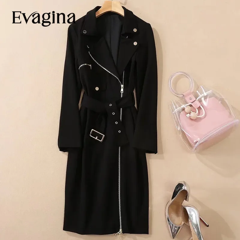 

Evagina New Fashion Runway Designer Women's Suit Collar Long Sleeve Waistband Slit Commuter Style Zipper Buttons Black Dress