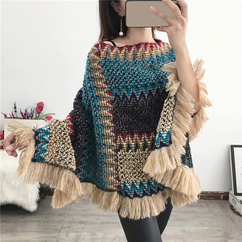 Thickened Warm Knitted Tassel Cape Coat Elegant Fringe Poncho Cape Coat V Neck Colorful Irregular Hem Sweater Cloak Loose Poncho