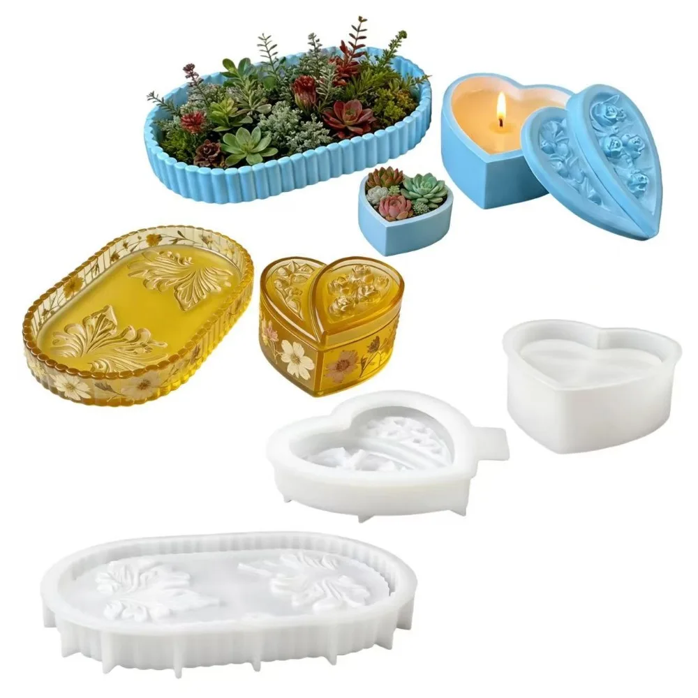 

Поднос с тиснением цветов, силиконовые формы, сделай сам, 3 шт./компл., чашка для хранения в форме сердца и овальная пластина, гипсовая цементная форма, форма для эпоксидной смолы