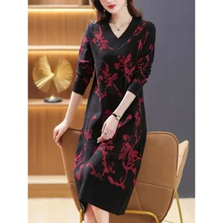 Office Lady Elegant Long Sleeve Knitted Jacquard Dress Women's Sweater Tunics Soft Fashion Retro V-neck Casual Dresses