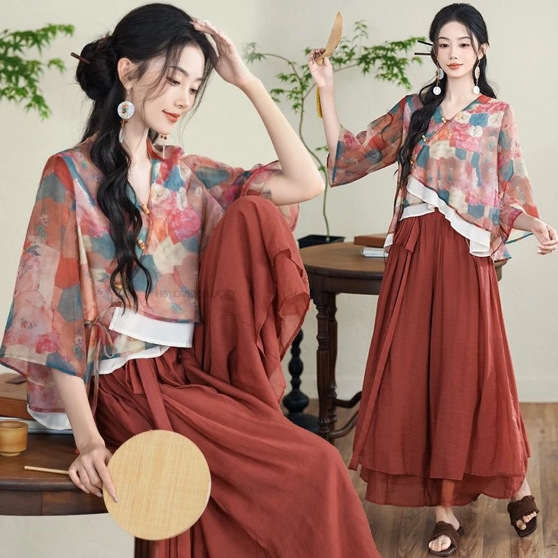 

V-neck Classical Modified Floral Blouse Culottes Hanfu Female Costume Adult Chinese Style Improved Daily Collar Sets