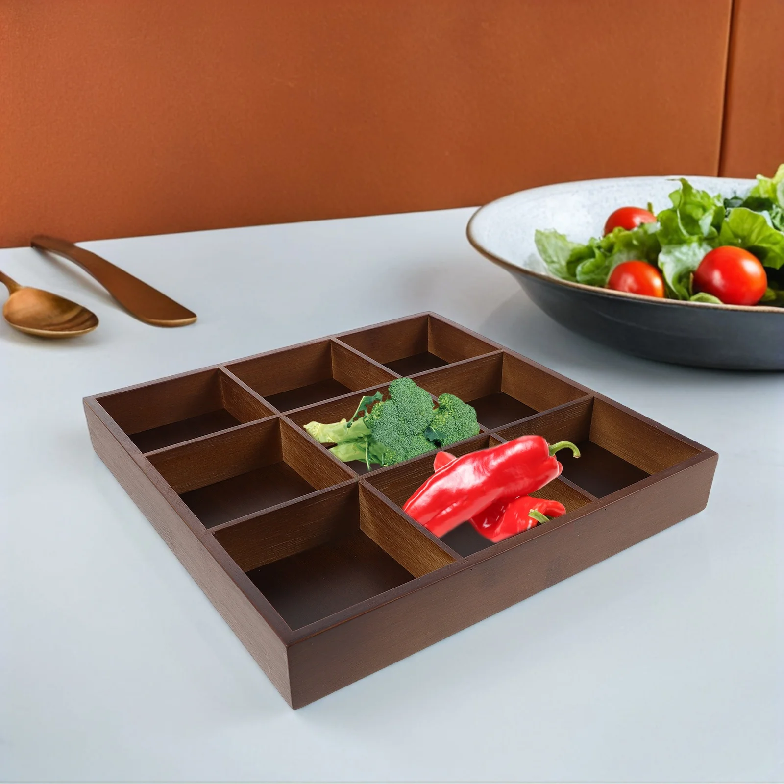 

Divided Bamboo Serving Tray 9-Compartment Design Eco-Friendly Snack Fruit Vegetable Organizer Ideal for Parties Dinners Outdoor