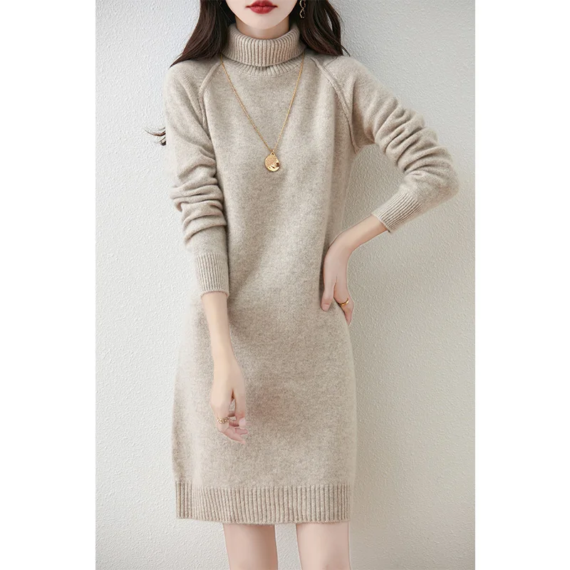 

100% Australian Wool Loose Dresses 2024 Autumn/Winter Cashmere Knitted Jumpers Mid-Long Dresses Female Mid-Long Sleeve Sweaters