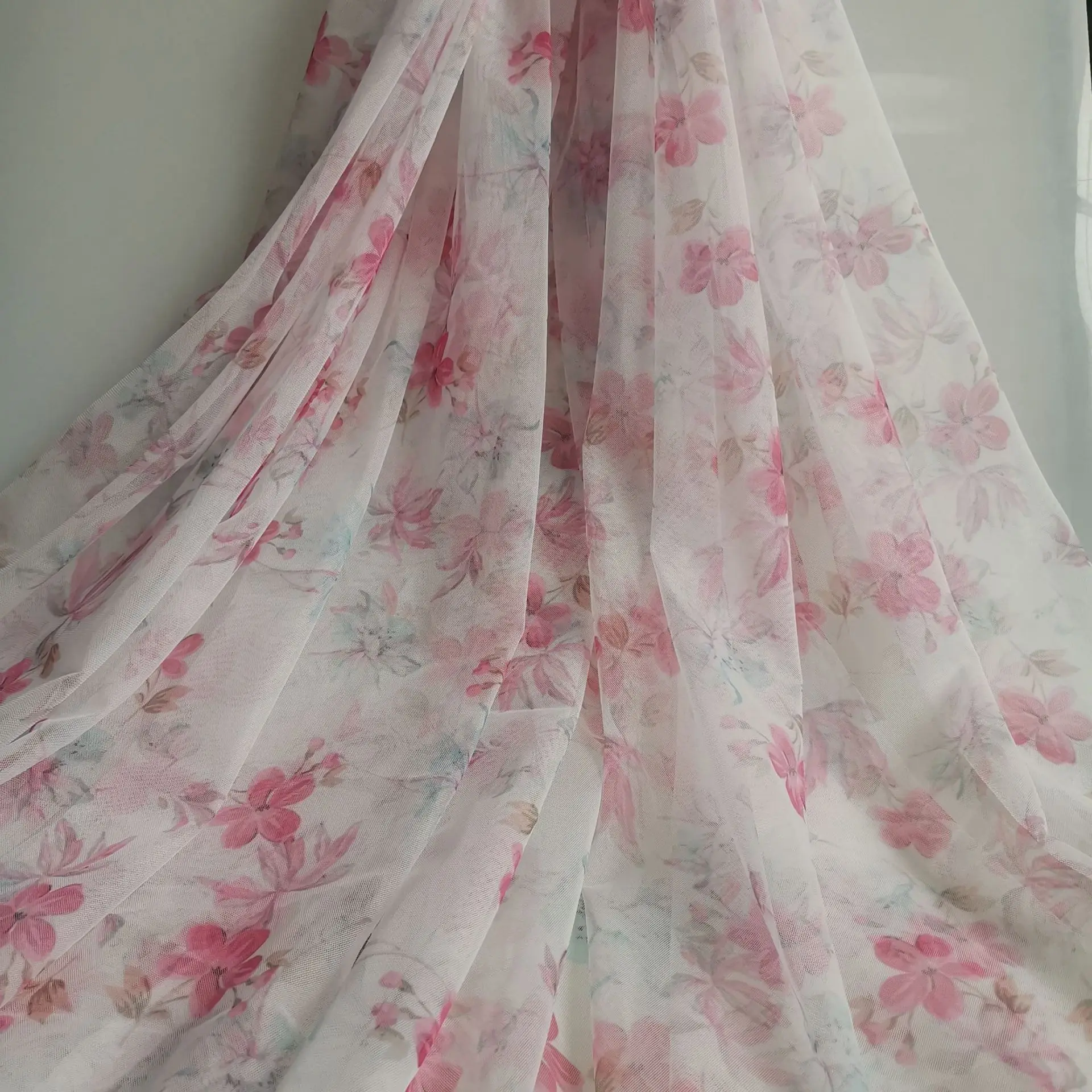 Floral Print Mesh, Flower Digital Printed Tulle, Breathable Summer Dress Fabric, Polyester